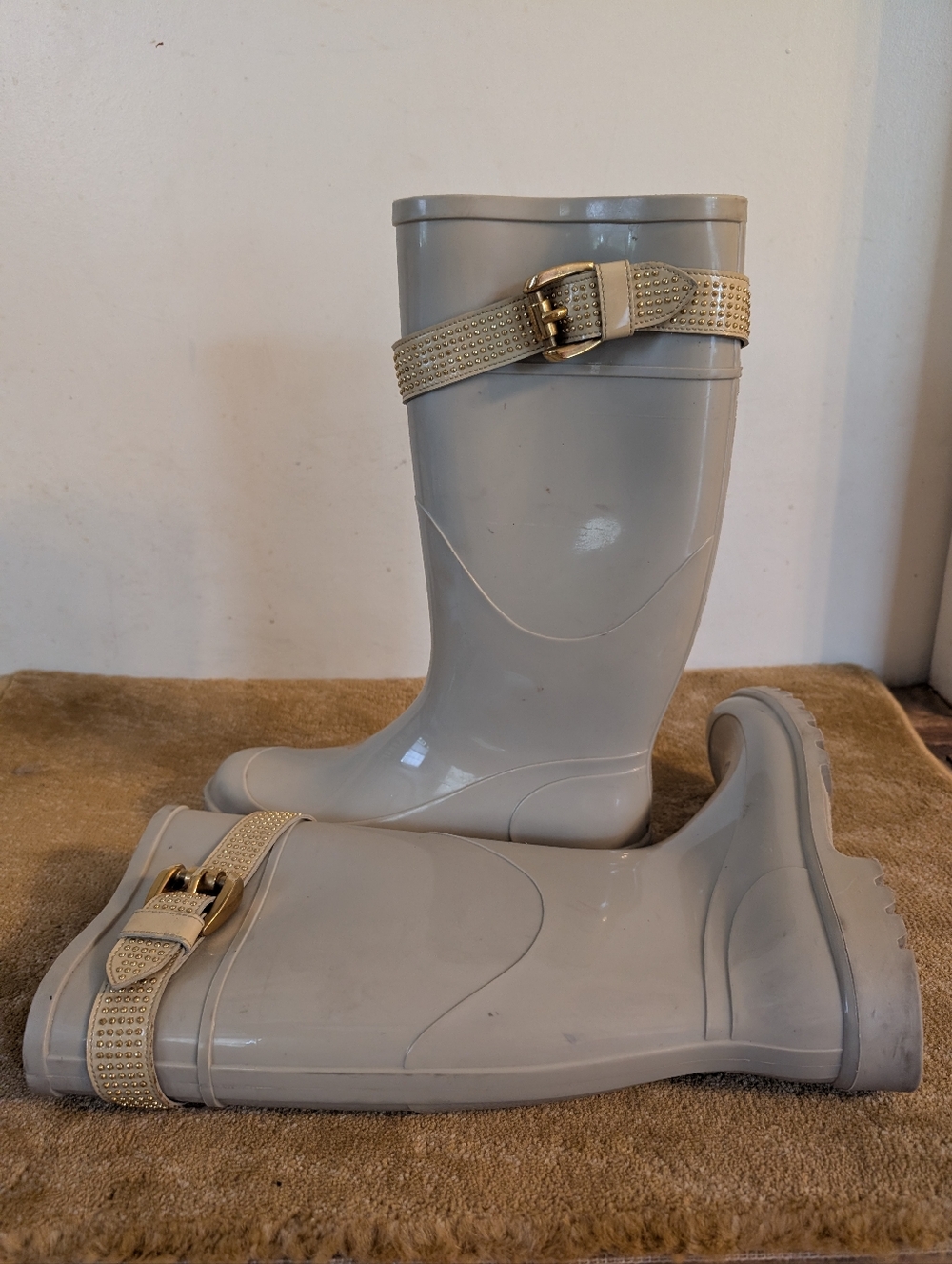 Burberry Taupe Tall Rainboots w/ Blinged Gold Buckle 39